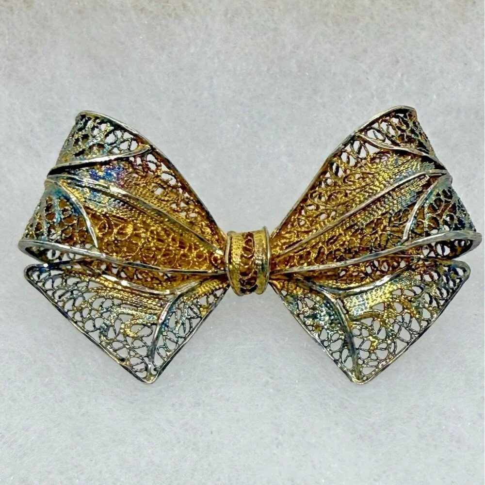 Vintage Sterling Silver Filigree Bow Brooch‎ Gold Wash Gilded Victorian Pin